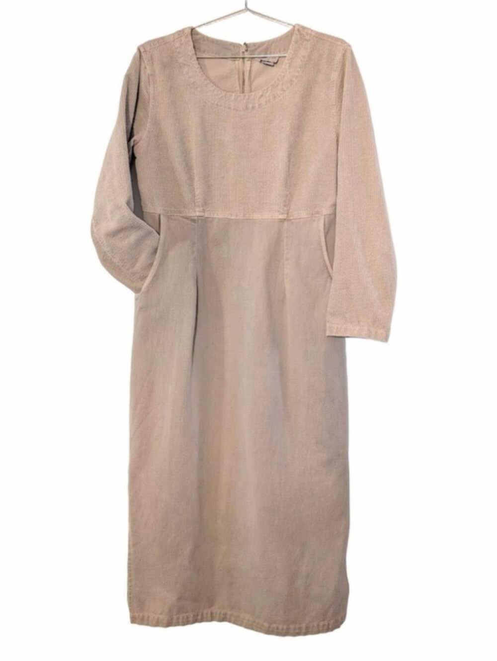Vintage Beige Long-Sleeve Corduroy & Canvas Midi Dress